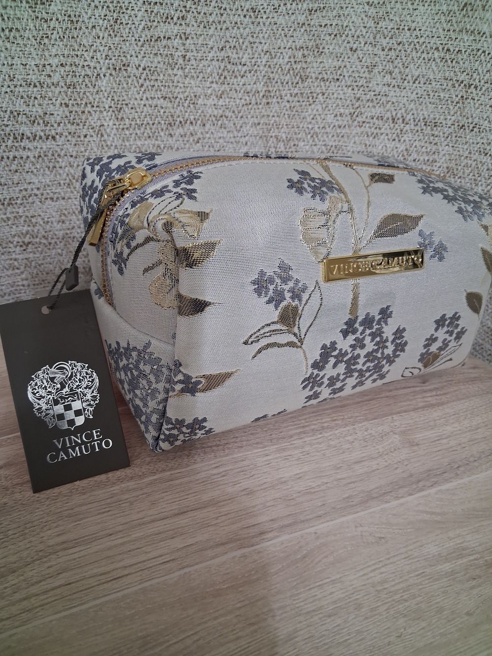 Vince Camuto Floral Jacquard Cosmetic Bag in Gray and Gold